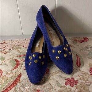 Vintage Cara Leigh Elegant Women's Royal Blue Loafers with Gold Studs